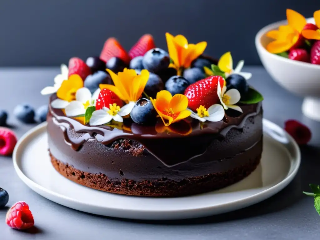 Deliciosa tarta vegana de chocolate orgánico con frutas y flores frescas