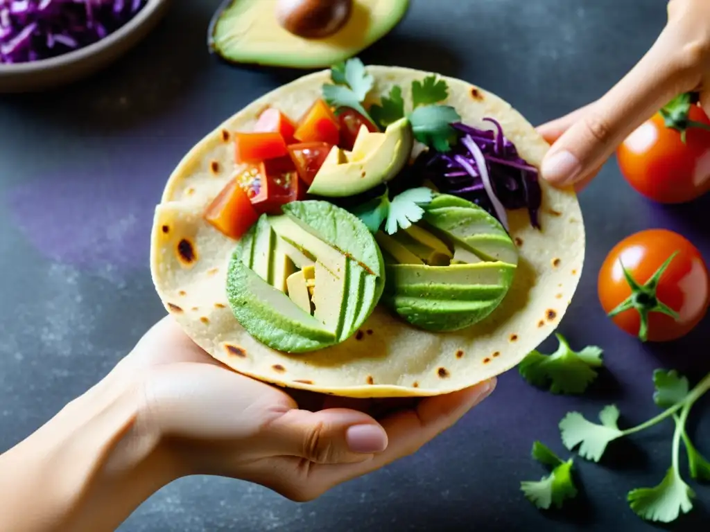 Deliciosa tortilla de maíz orgánico con ingredientes frescos y coloridos, iluminados por la luz natural