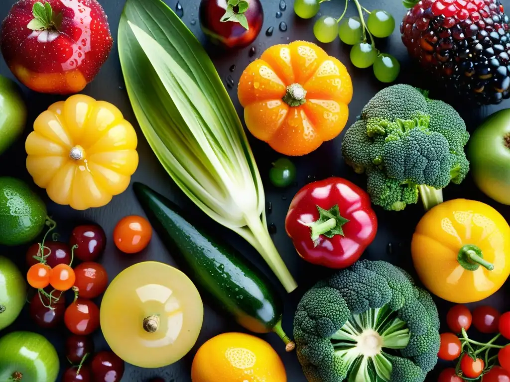 Una deliciosa variedad de frutas y verduras orgánicas, resaltando sus colores y texturas