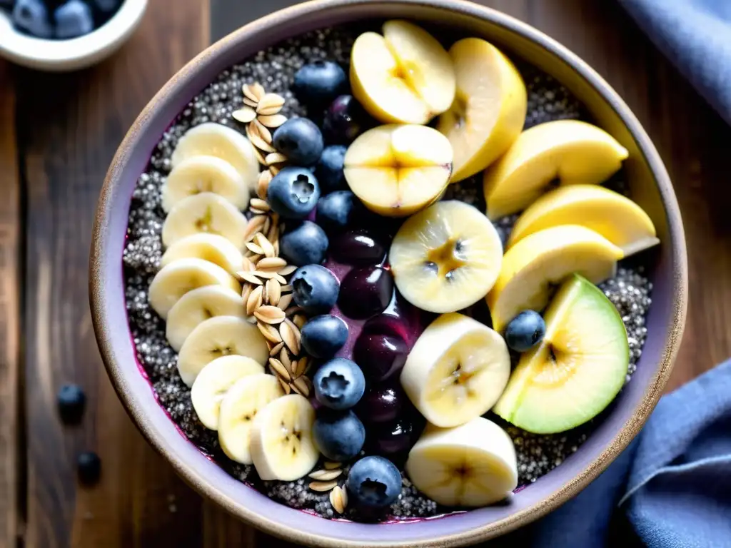 Una deliciosa y vibrante receta de acai bowl orgánico con frutas frescas y chia seeds