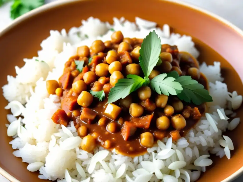 Una deliciosa y vibrante receta internacional con legumbres orgánicas: curry de garbanzos con coco y tomate, servido sobre arroz jazmín