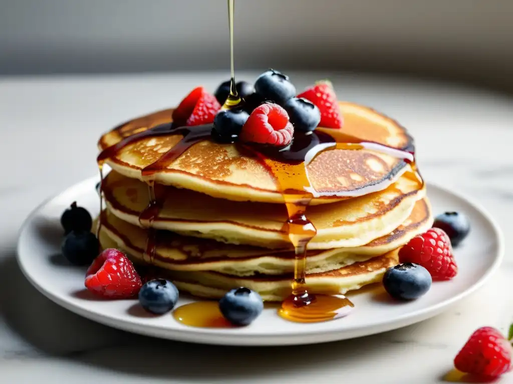 Deliciosas recetas de desayunos orgánicos del mundo: apilado de esponjosas pancakes doradas con bayas frescas y sirope de arce, sobre plato blanco