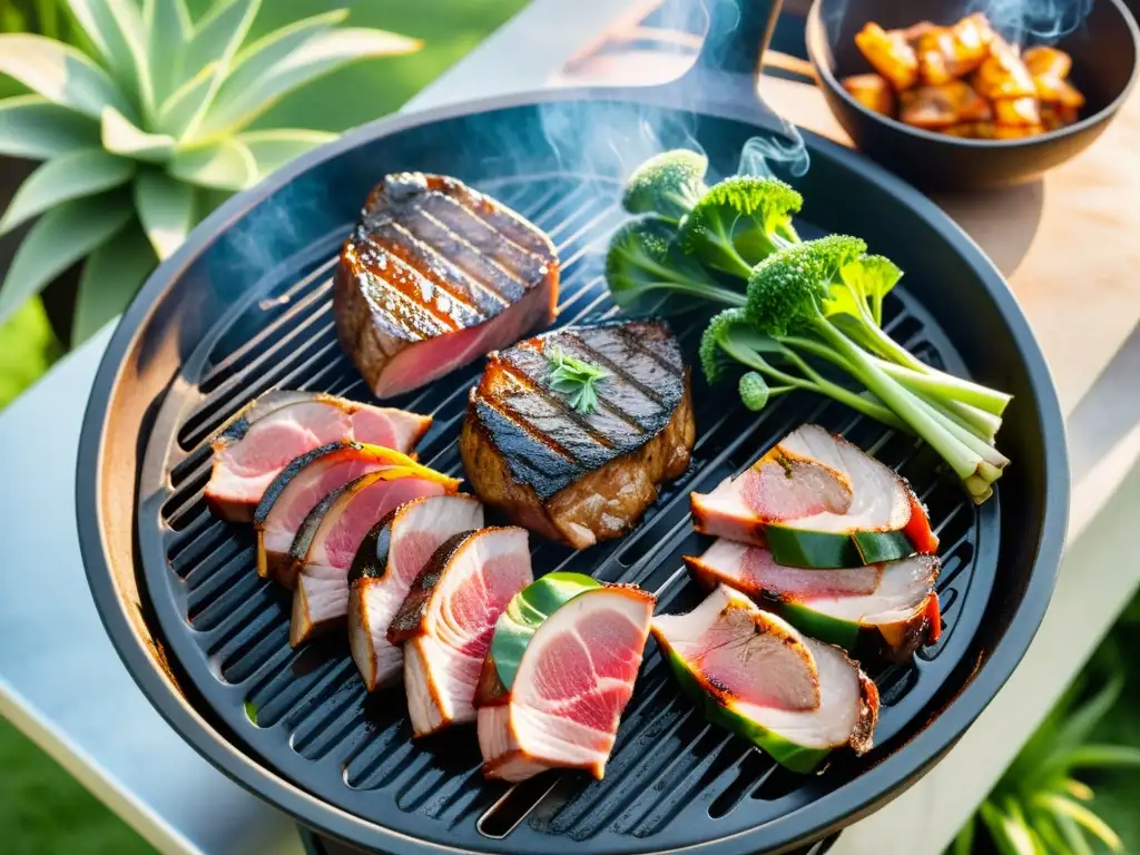 Delicioso asado argentino orgánico en la parrilla, con cortes perfectamente cocidos, humeantes, en un entorno campestre exuberante