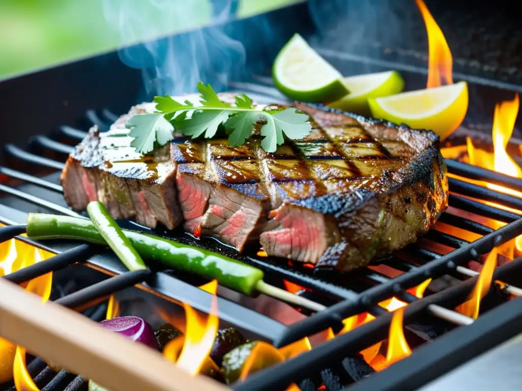 Delicioso asado argentino orgánico con chimichurri y vegetales a la parrilla