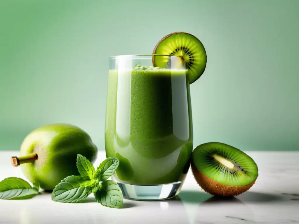 Un delicioso batido verde orgánico con kiwi y menta, presentado en un vaso transparente sobre fondo blanco