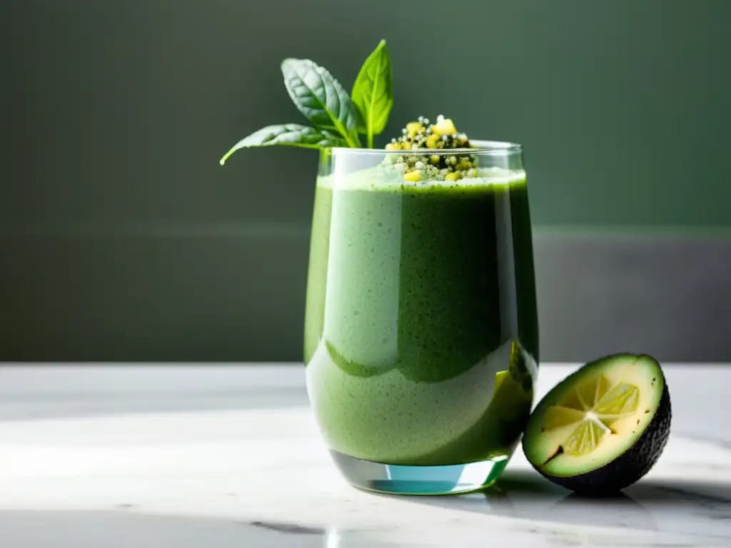 Un delicioso batido verde orgánico con espiral de pepino y hojas de menta, sobre mármol blanco