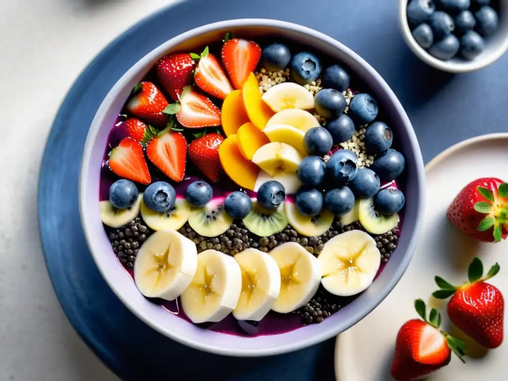 Delicioso bol de açaí orgánico beneficios piel corazón con frutas frescas y semillas, sobre fondo blanco