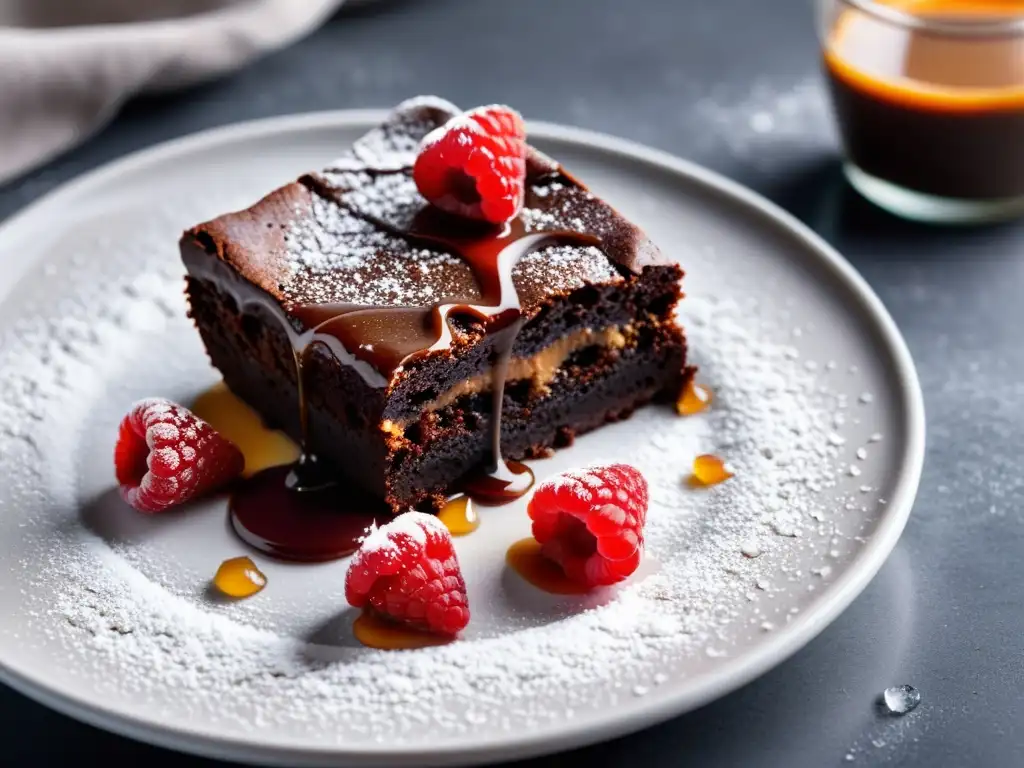 Delicioso brownie de chocolate con caramelo orgánico y frambuesas, en plato blanco con luz natural