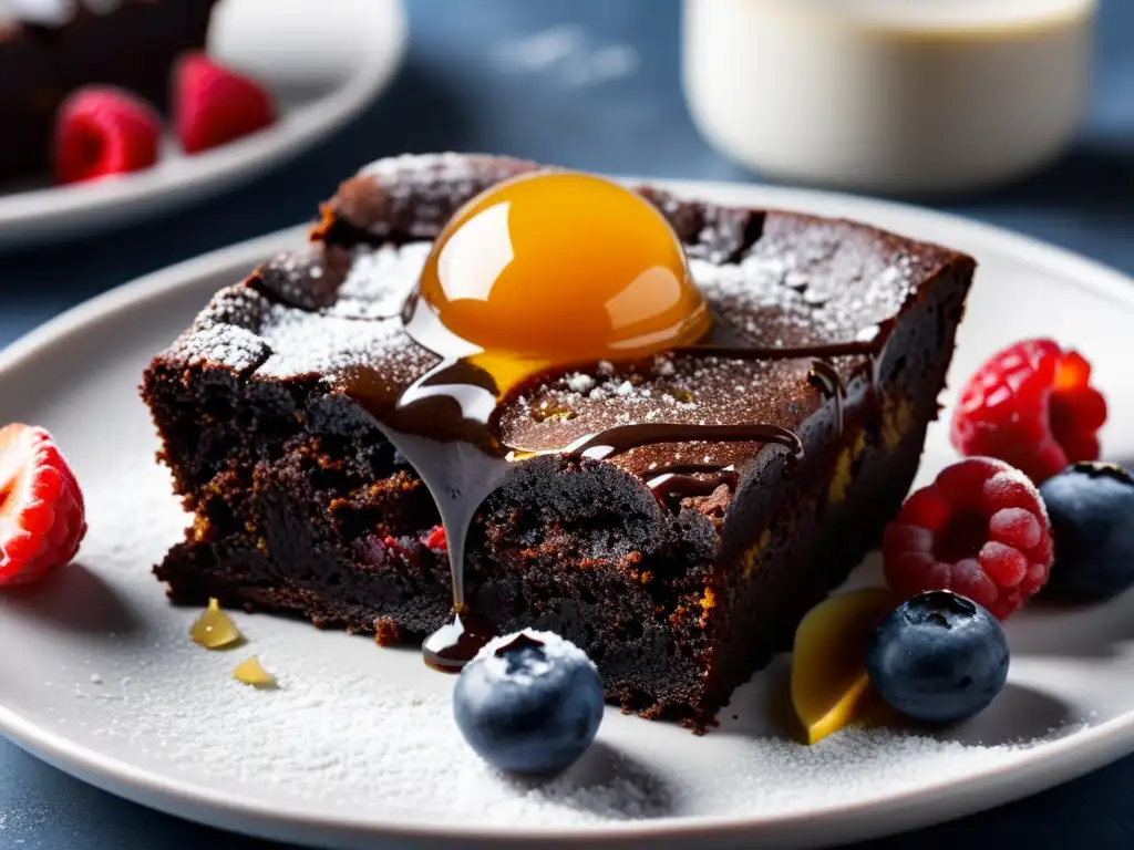 Delicioso brownie de chocolate orgánico con miel y frutos rojos