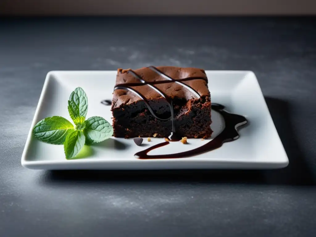 Delicioso brownie orgánico con chocolate, decorado con menta fresca en plato blanco