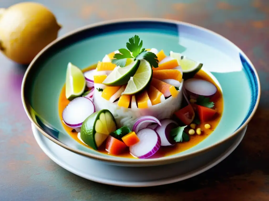 Delicioso ceviche peruano con pescados orgánicos sostenibles, servido en un plato artesanal, en un escenario costero