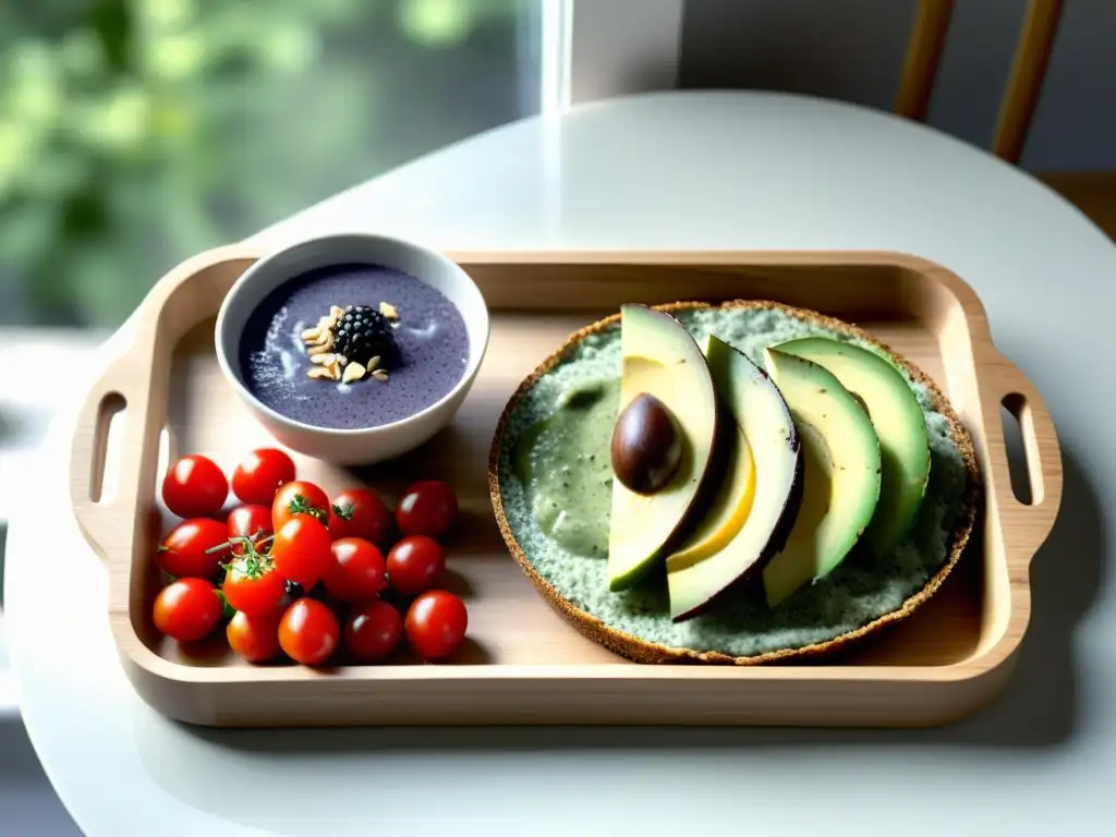 Un delicioso desayuno energizante con recetas orgánicas, sobre una bandeja de madera en una mesa blanca con luz natural suave