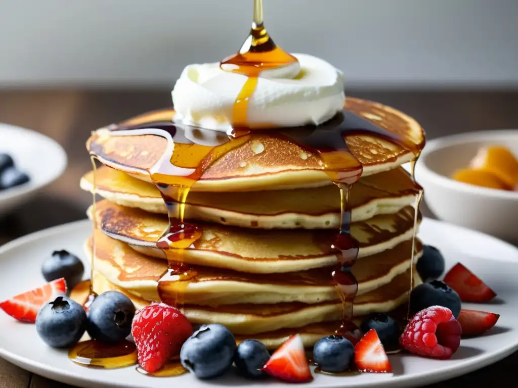 Delicioso desayuno con pancakes dorados, crema batida, sirope de arce y frutas frescas