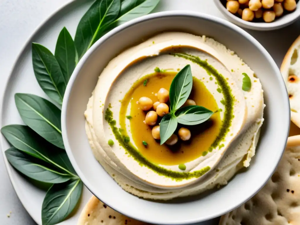 Delicioso hummus casero con aceite de oliva y especias, servido en un tazón de cerámica blanco sobre pan pita orgánico