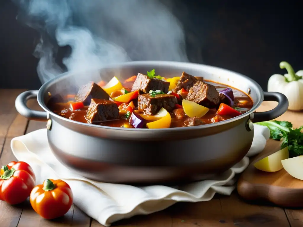 Delicioso goulash húngaro carne orgánica, con vibrante paprika y vegetales, en una olla humeante