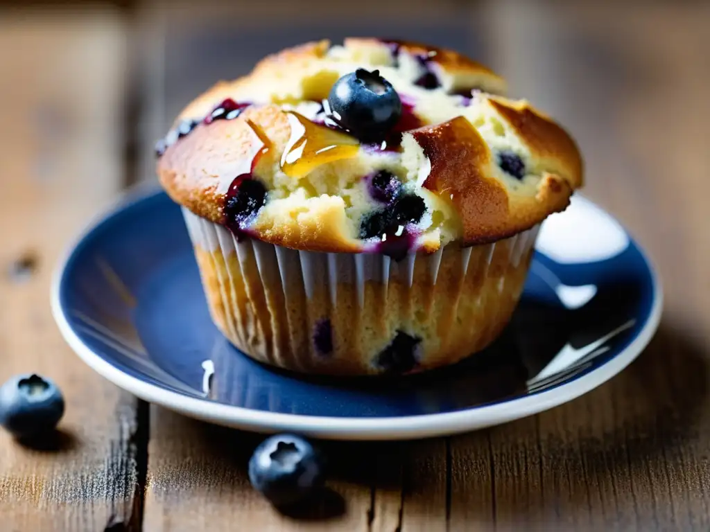 Delicioso muffin de arándanos orgánico y bajo en calorías, con miel y arándanos frescos, sobre una mesa de madera rústica