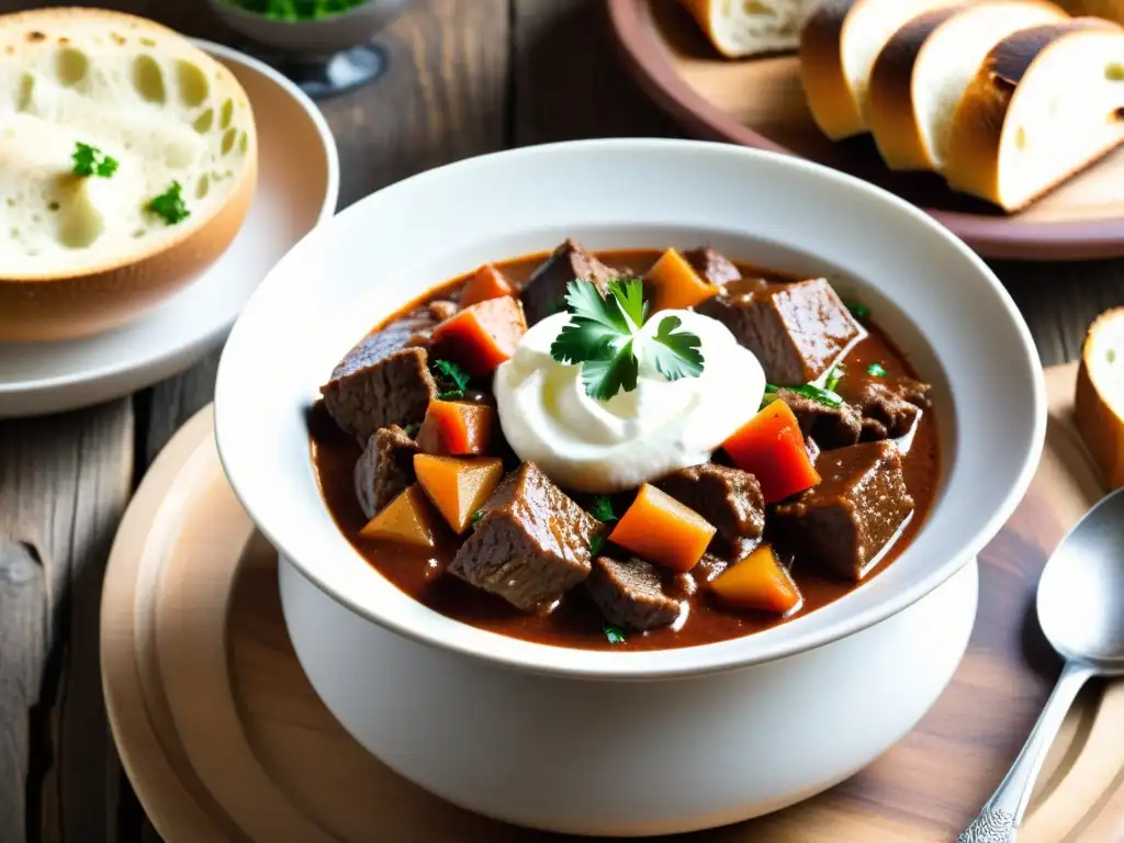 Un delicioso plato de goulash húngaro, con carne orgánica, sour cream y perejil fresco, sobre una mesa rústica