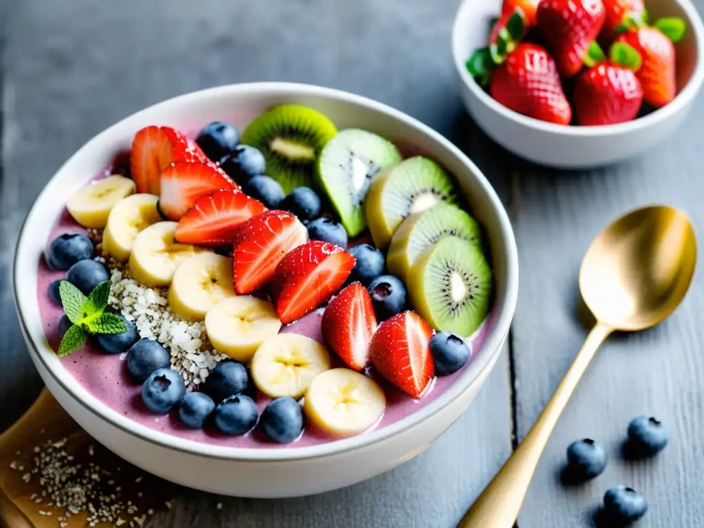 Un delicioso smoothie bowl con frutas orgánicas y superfoods, creando una composición visualmente impresionante