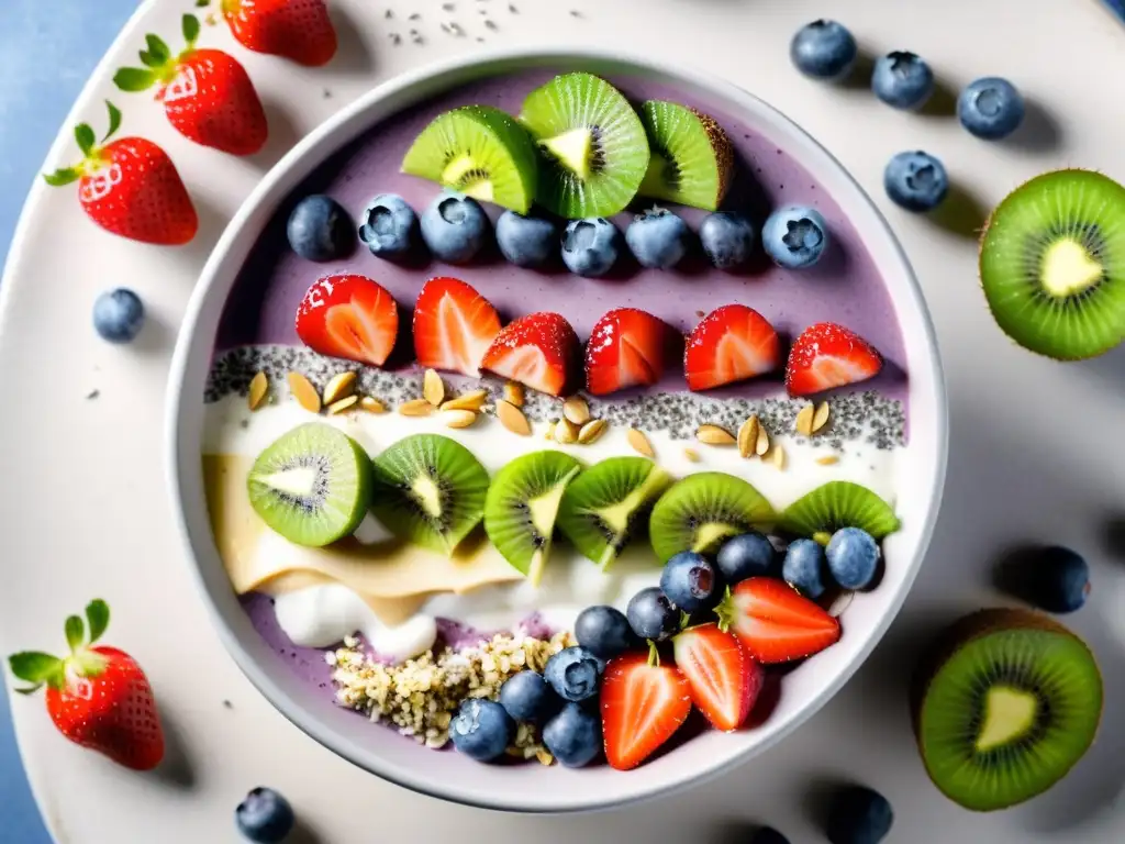 Delicioso smoothie bowl con frutas orgánicas superfoods, bañado en vibrantes colores y luz natural