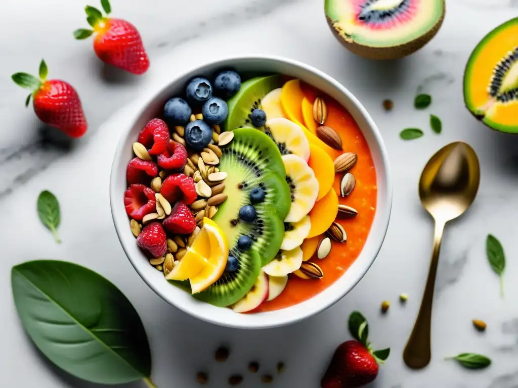 Un delicioso smoothie bowl de frutas orgánicas y superfoods sobre una encimera de mármol, con una presentación visualmente atractiva