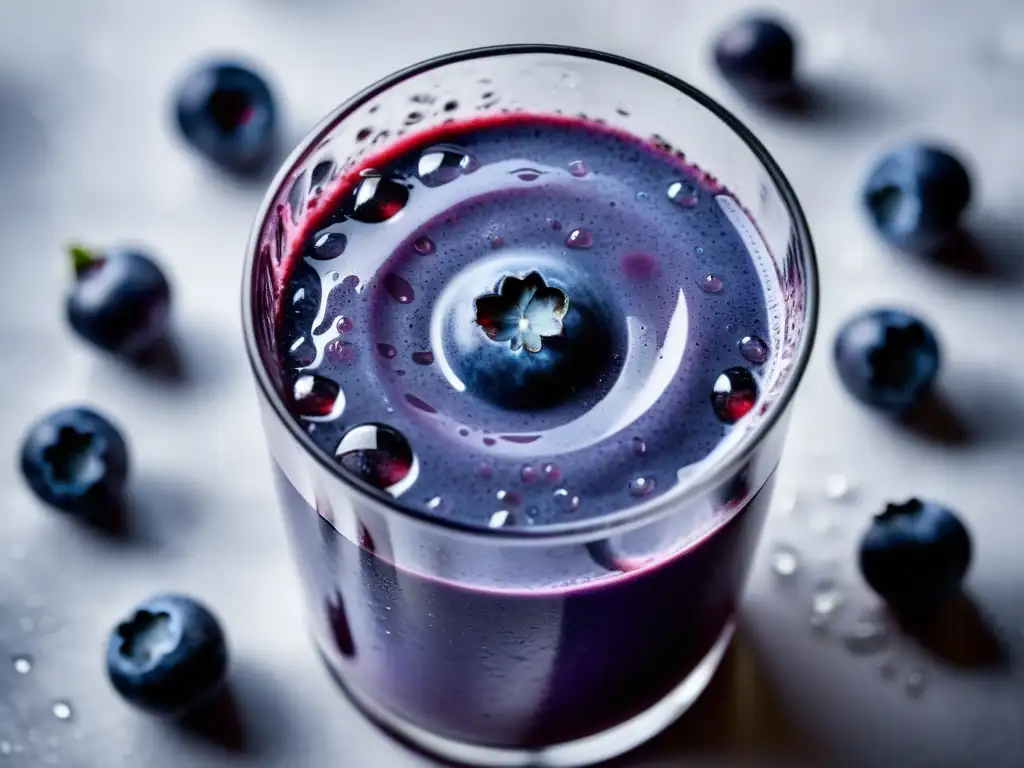 Un delicioso smoothie morado de arándanos en un vaso de cristal, adornado con arándanos frescos