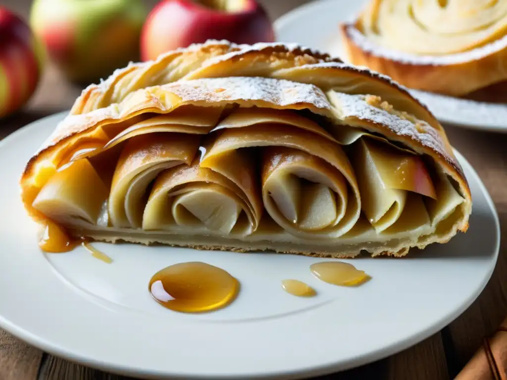 Delicioso strudel de manzana recién horneado con capas doradas y relleno de manzanas orgánicas caramelizadas, presentado en plato blanco