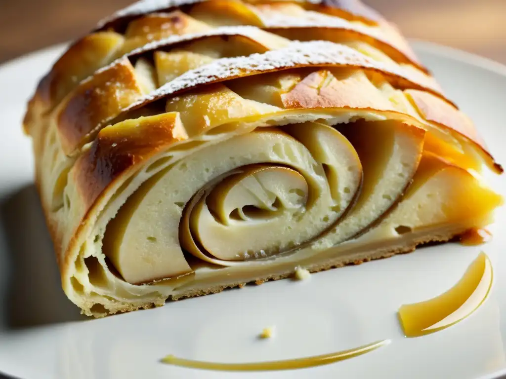 Delicioso strudel de manzanas orgánicas recién horneado, con capas doradas y manzanas caramelizadas, evocando calidez y dulzura