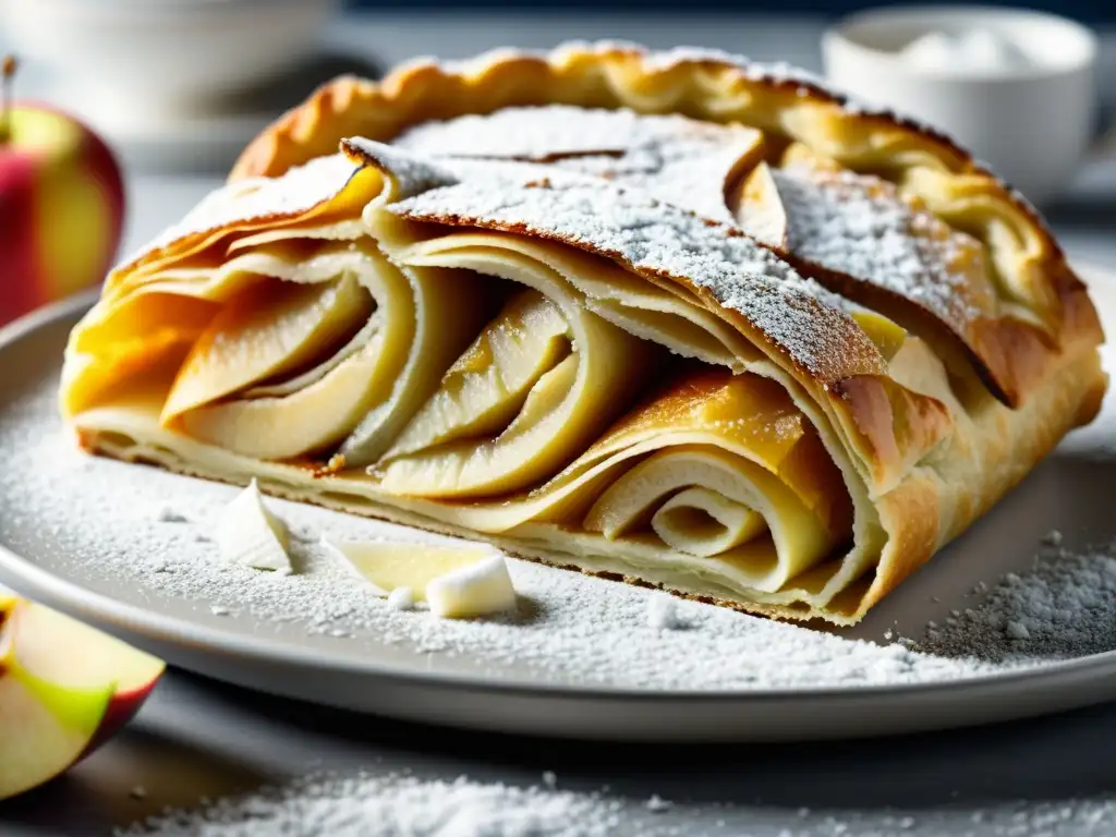 Delicioso strudel de manzanas orgánicas recién horneado, con capas doradas y relleno de manzanas caramelizadas