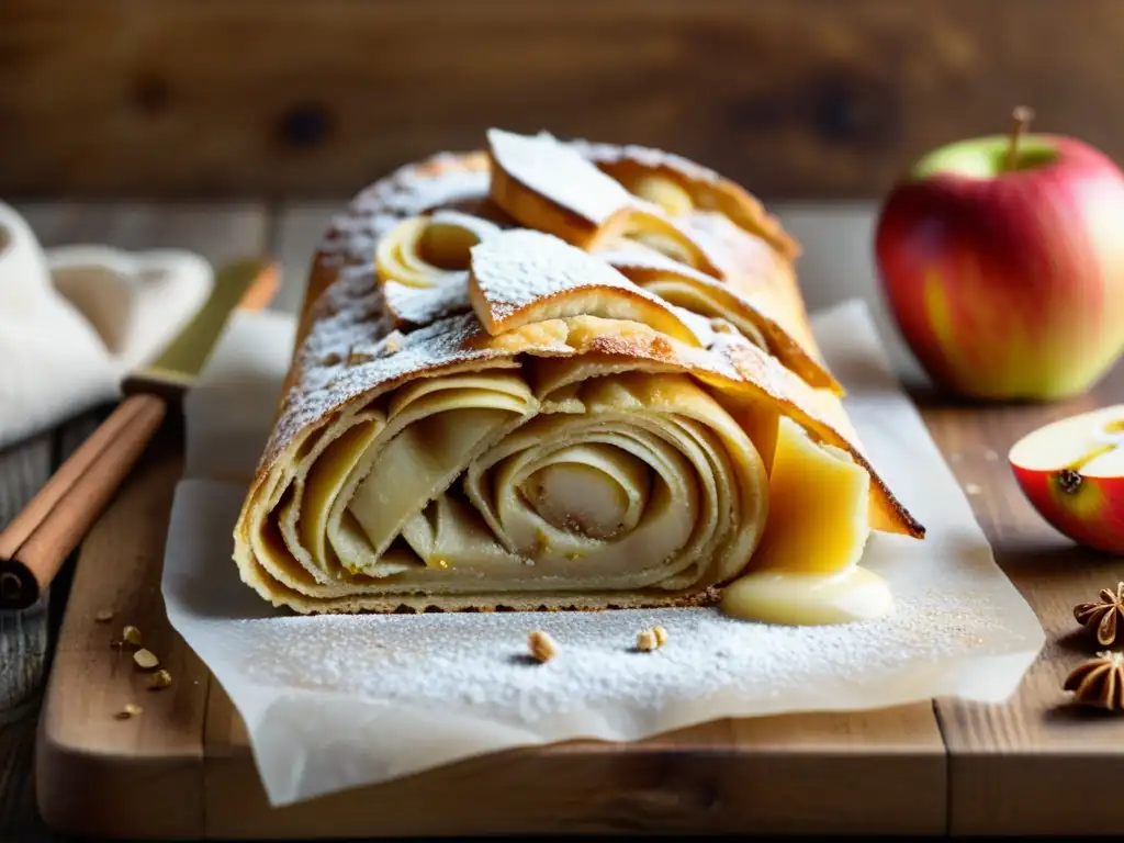 Delicioso strudel de manzanas orgánicas recién horneado en una mesa rústica, con capas doradas y escamosas de masa, espolvoreado con azúcar glass