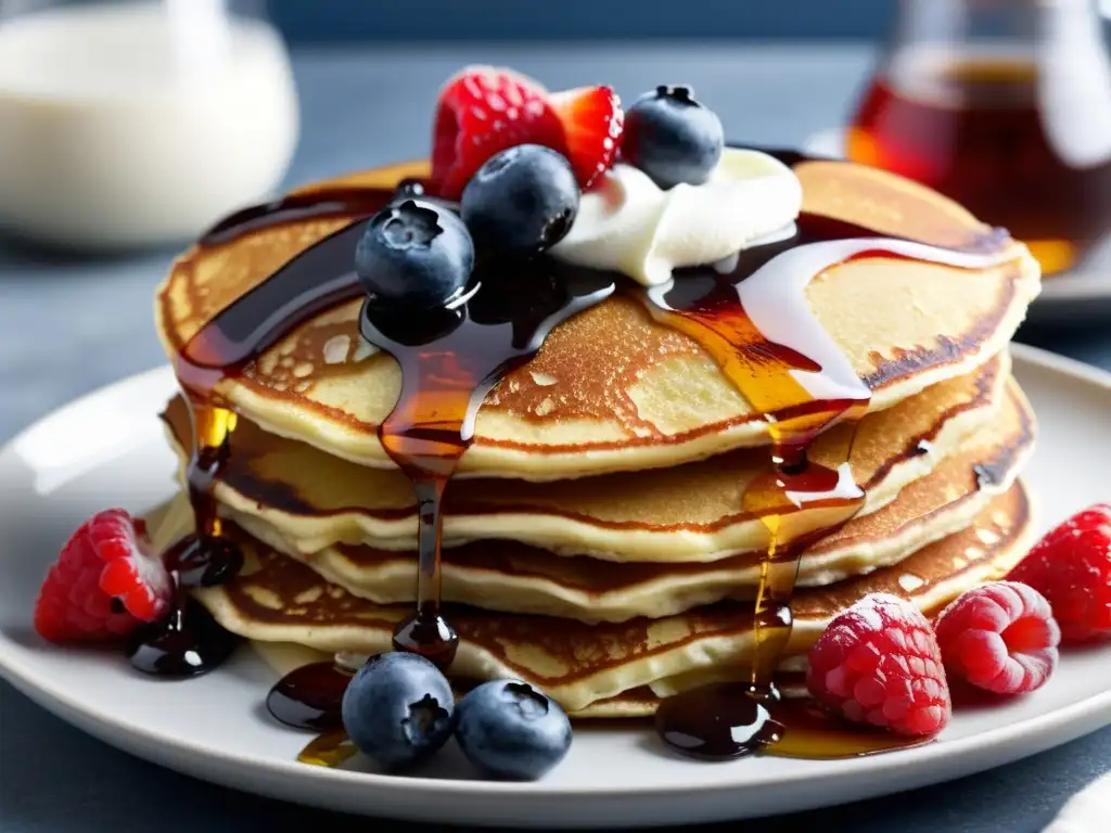 Deliciosos pancakes de granos enteros con sirope de arce, crema batida y bayas, en un plato moderno