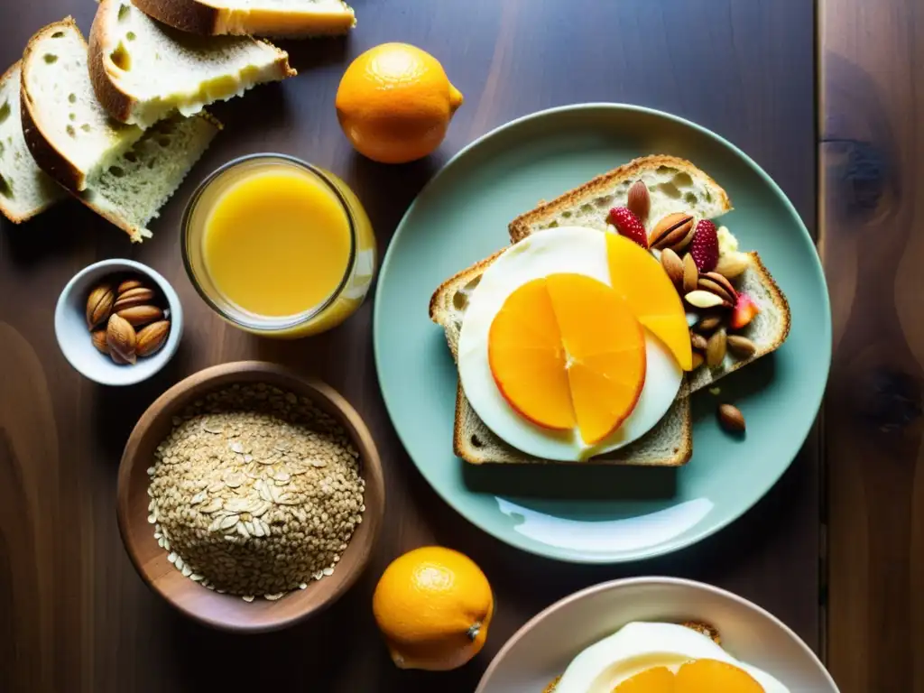 Un desayuno orgánico energizante con frutas, nueces, pan integral y jugo de naranja fresco, bañado por la suave luz de la mañana