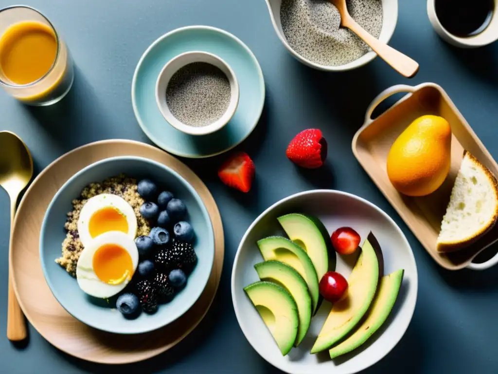 Un desayuno orgánico sin gluten bellamente dispuesto, con chía, aguacate, frutas y café, en un entorno cálido y acogedor