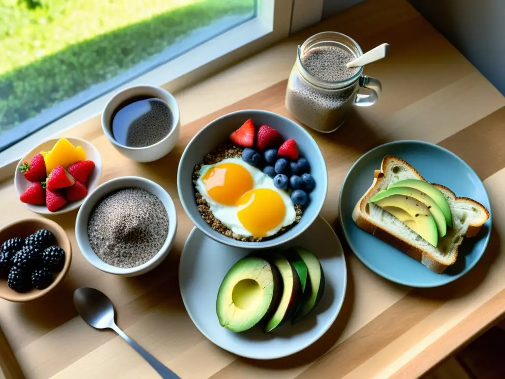 Un desayuno orgánico sin gluten exquisitamente presentado en una mesa de madera con luz natural