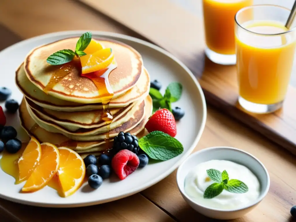 Un desayuno orgánico sin gluten con pancakes, yogur griego, jugo de naranja y una atmósfera serena