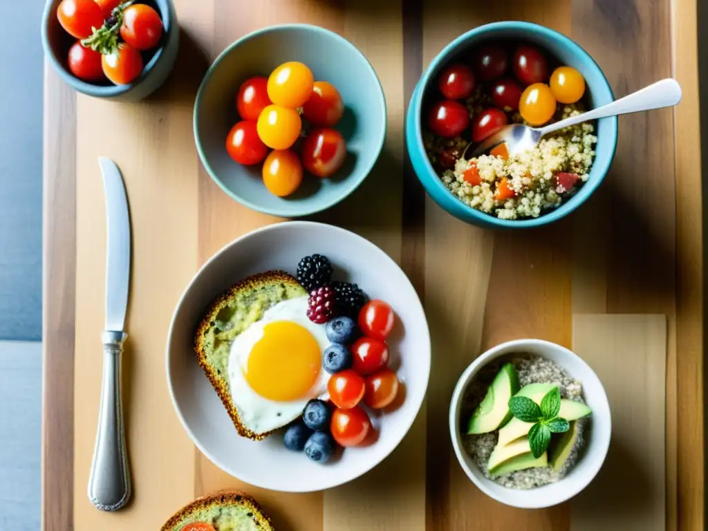 Desayuno orgánico sin gluten con chía, frittata y pan artesanal, bañado por la luz natural