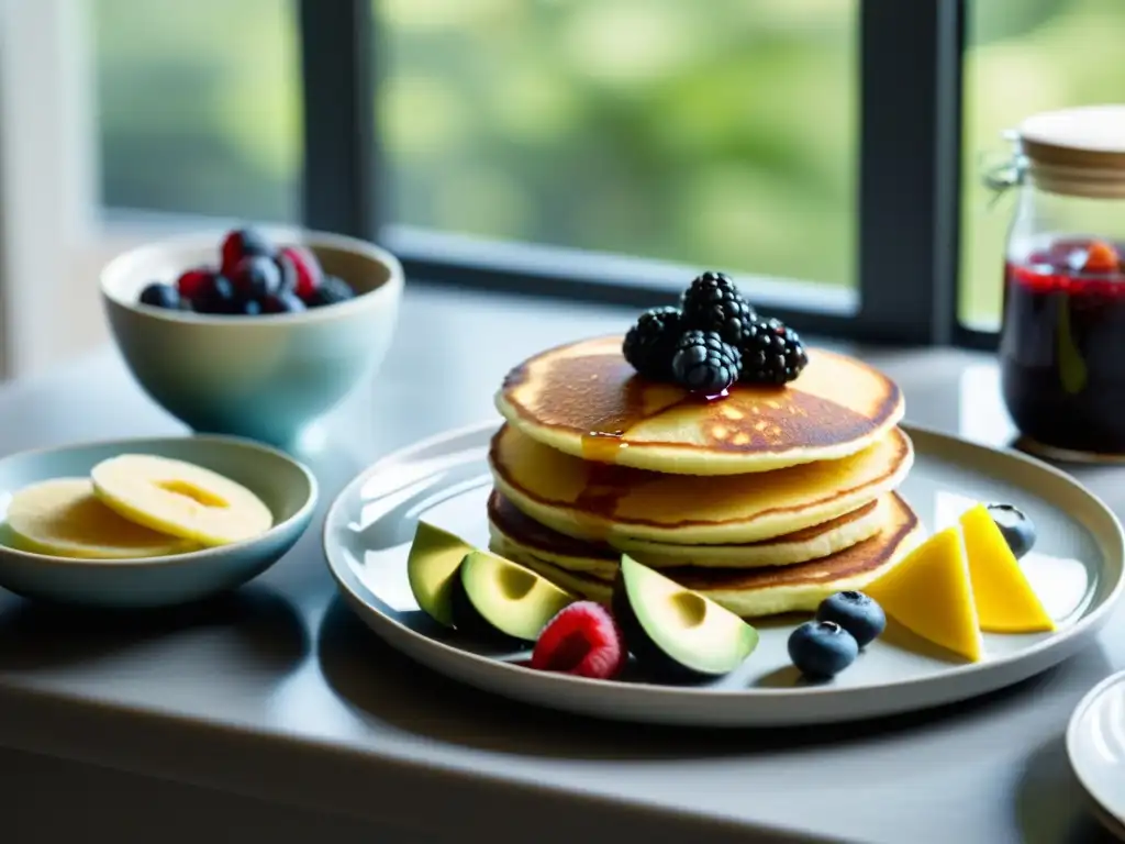 Un desayuno orgánico exquisitamente preparado con recetas de desayunos orgánicos del mundo, servido en una mesa bañada por suave luz matutina