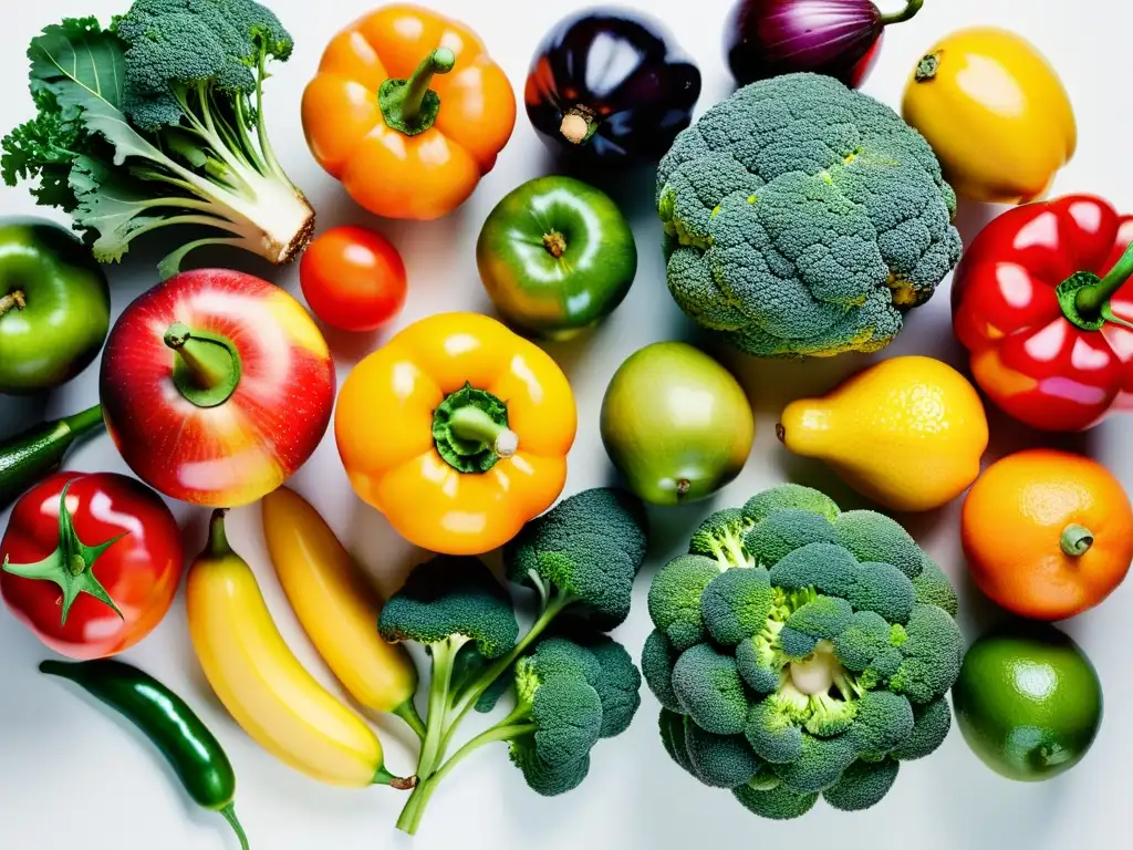 Una deslumbrante exhibición de alimentos orgánicos y estrés oxidativo, resaltando su belleza y diversidad en un fondo minimalista blanco