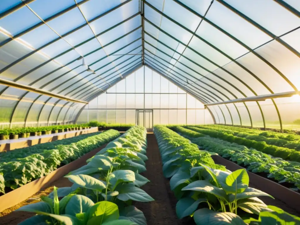 Deslumbrante invernadero orgánico con plantas exuberantes bajo el sol