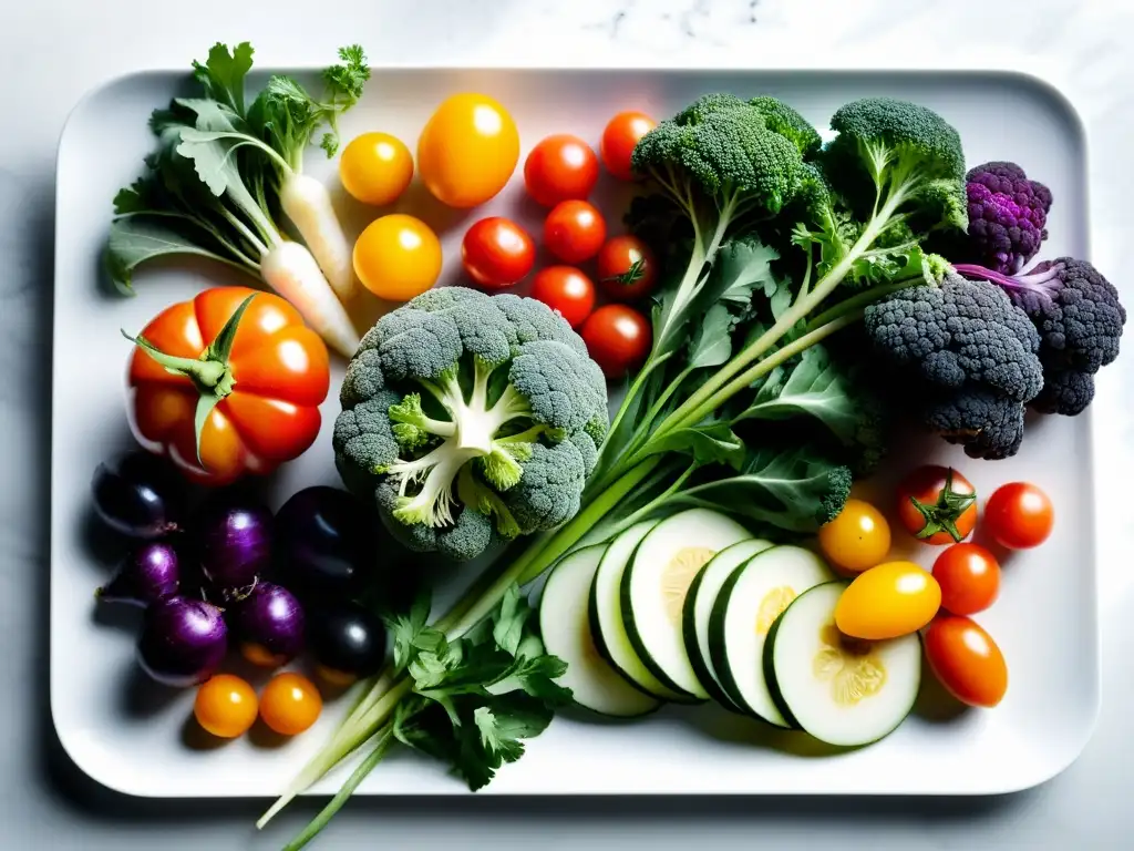 Deslumbrante plato de vegetales orgánicos, con colores vibrantes y texturas, iluminado por la luz natural