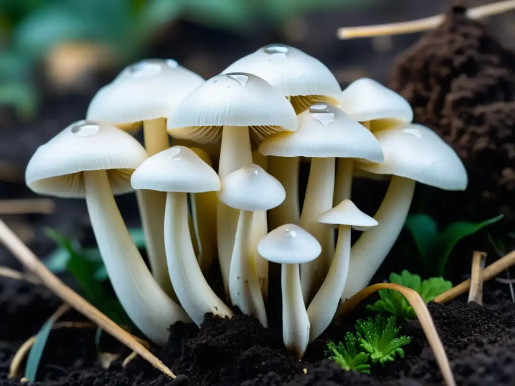 Detallada foto de hongos ostra blancos creciendo en tierra oscura