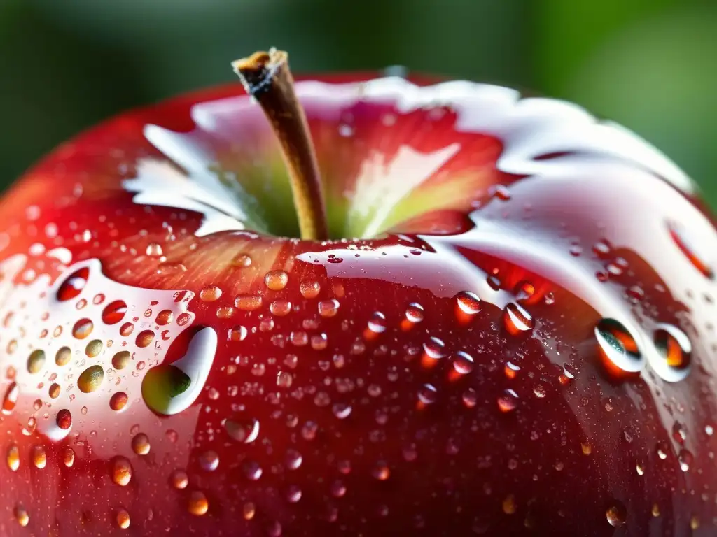 Detallada foto de una manzana orgánica recién recogida, brillante con rocío