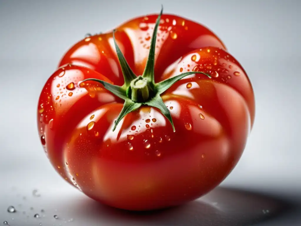 Detallada foto de un tomate orgánico recién cosechado, con textura impecable y gotas de rocío, sobre fondo blanco