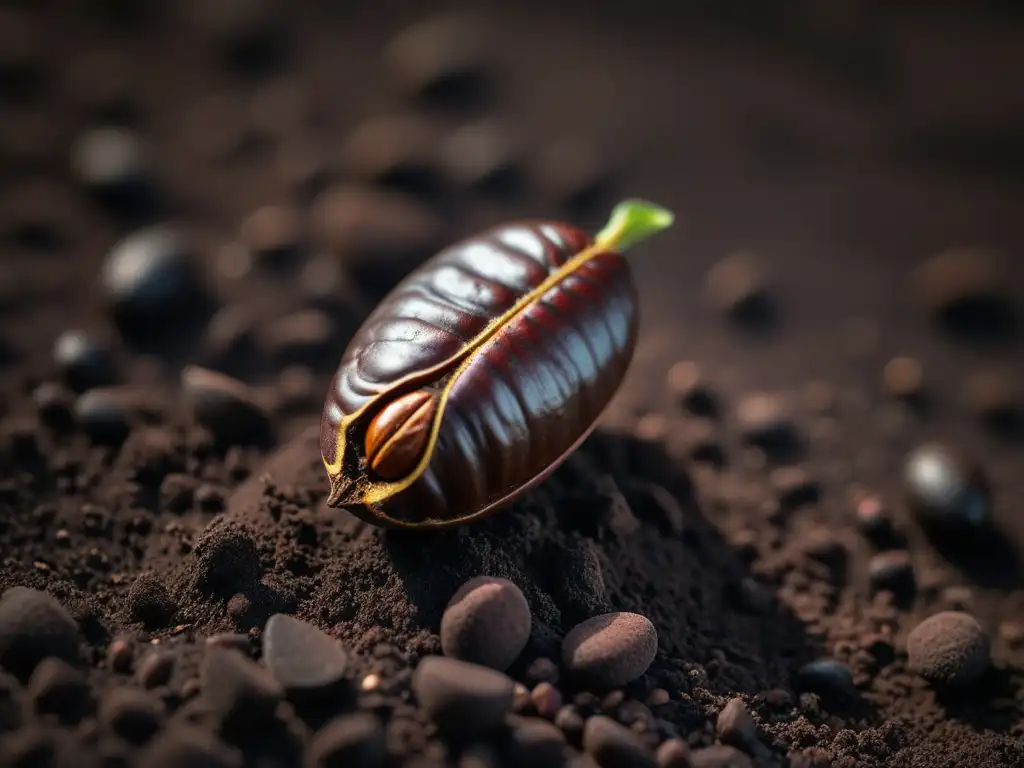 Detallada fotografía de un grano de cacao en tierra fértil, resaltando su textura