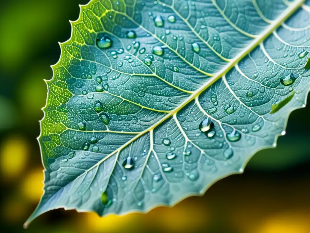 Detallada hoja de cultivo orgánico sana, con patrones de venas y gotas de agua, resaltando estrategias prevención enfermedades cultivos orgánicos