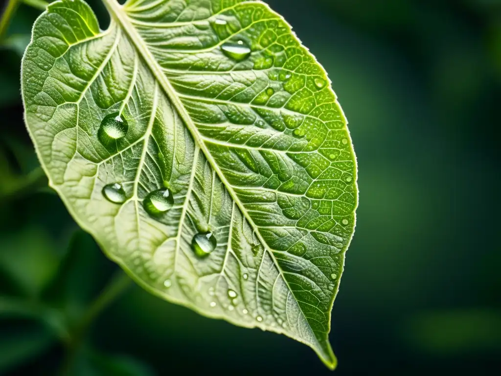 Detallada hoja de planta de tomate con gotas de agua, bañada en luz natural