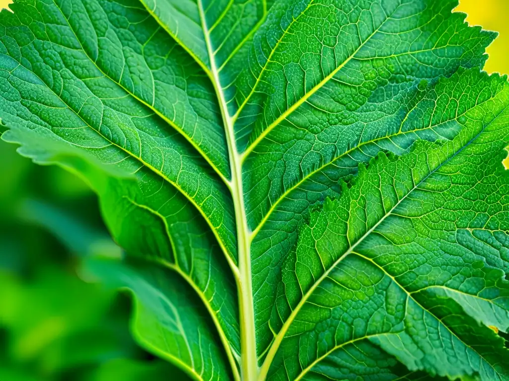 Detallada hoja de col rizada orgánica, bañada en luz natural, resaltando sus tonos verdes y delicadas venas