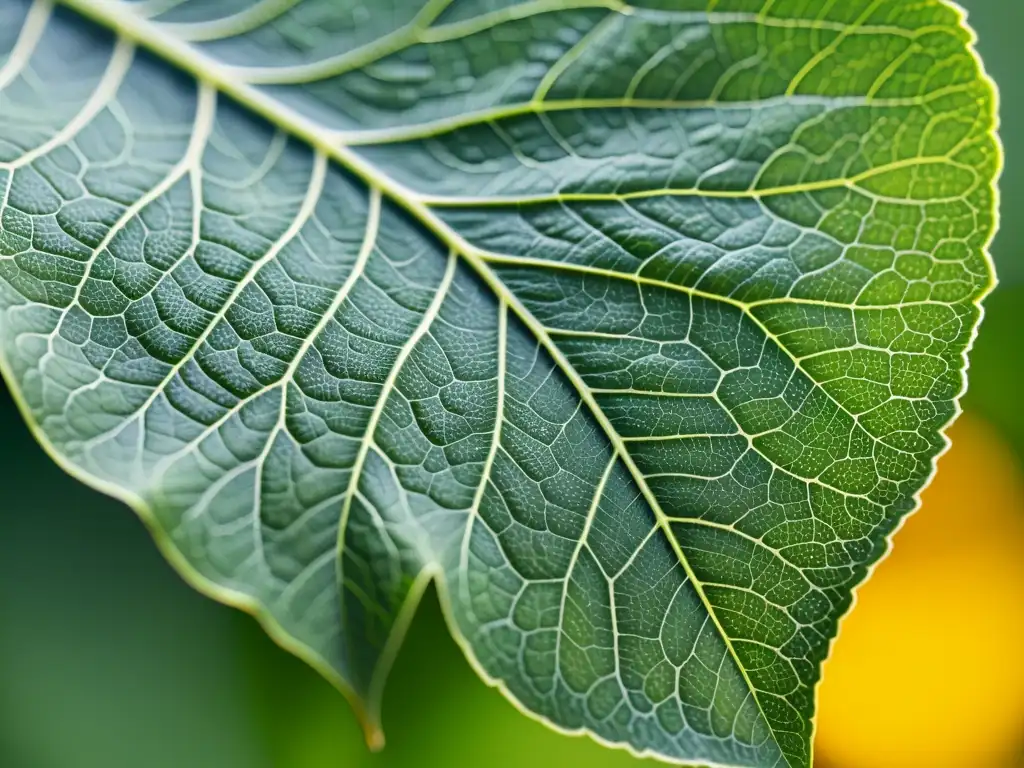 Detallada hoja verde sana iluminada por luz natural, evocando belleza natural y vitalidad para prevenir enfermedades en cultivos orgánicos