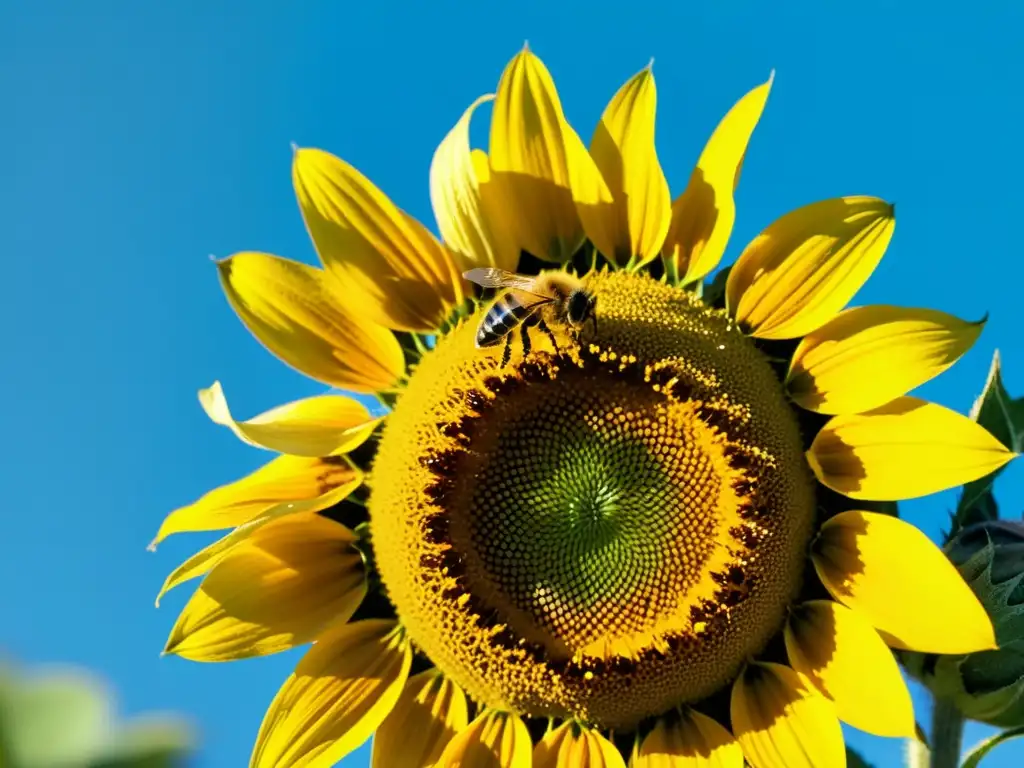 Detallada imagen de una abeja cubierta de polen en un girasol, resaltando la importancia de la polinización en huertos orgánicos