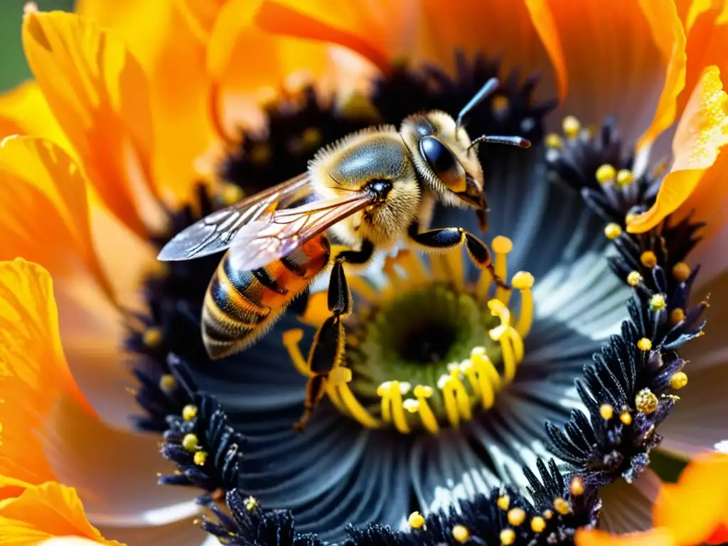 Detallada imagen de una abeja recolectando néctar de una flor de amapola naranja