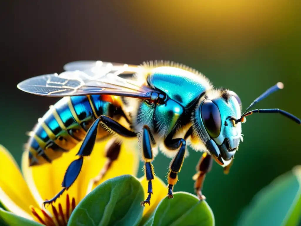 Detallada imagen de una abeja robótica polinizando una delicada flor, destacando la integración de tecnología y naturaleza en la agricultura orgánica